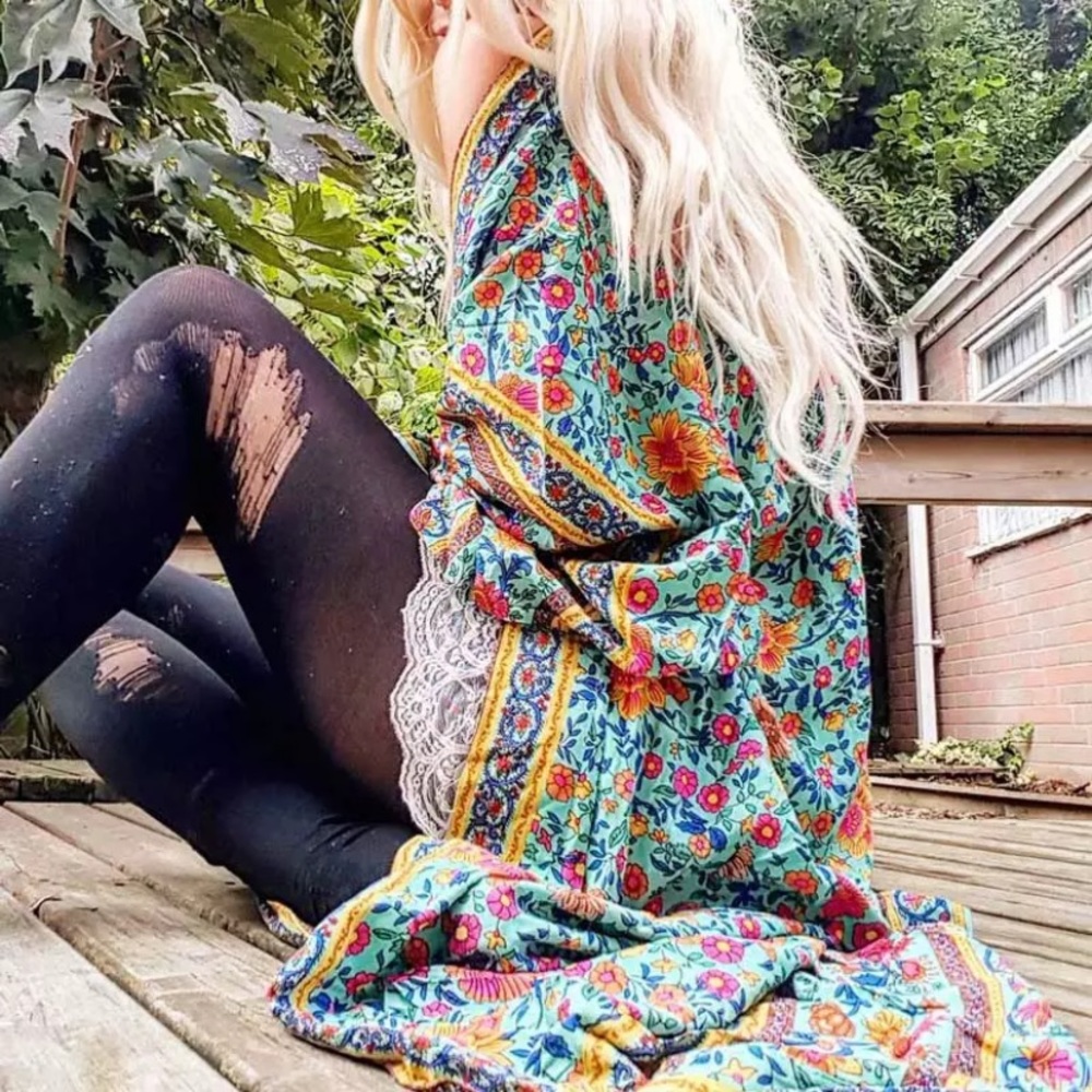 Boho Turquoise Floral Kimono Duster Long Robe - Picture 3 of 9